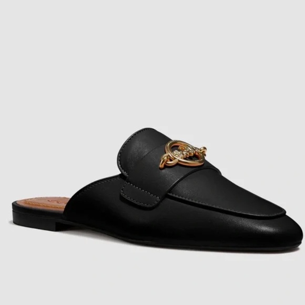 COACH Scotty Black Leather Mule Loafer Flats